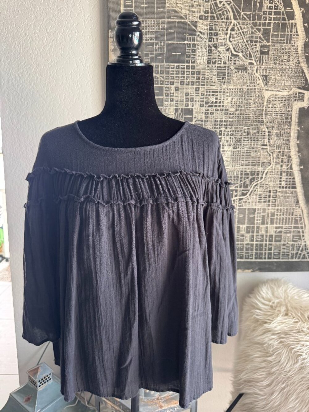 Size M - Gap Black Gauzy Peasant Top with Gathered Chest Detail and 3/4 Sleeves